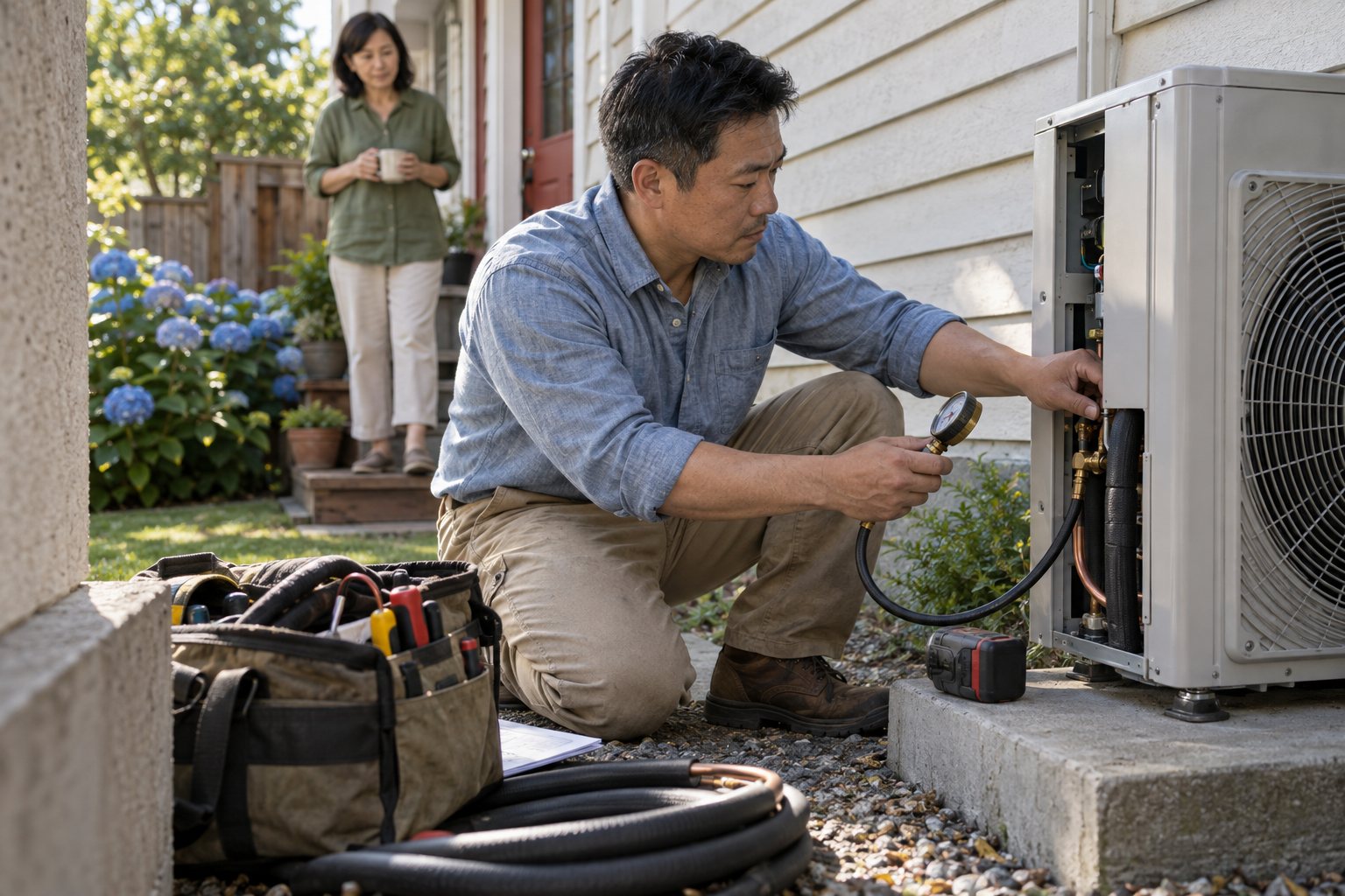 A technician working at a residential heat pump while the homeowner watches from the porch. Illustrative business scene.
