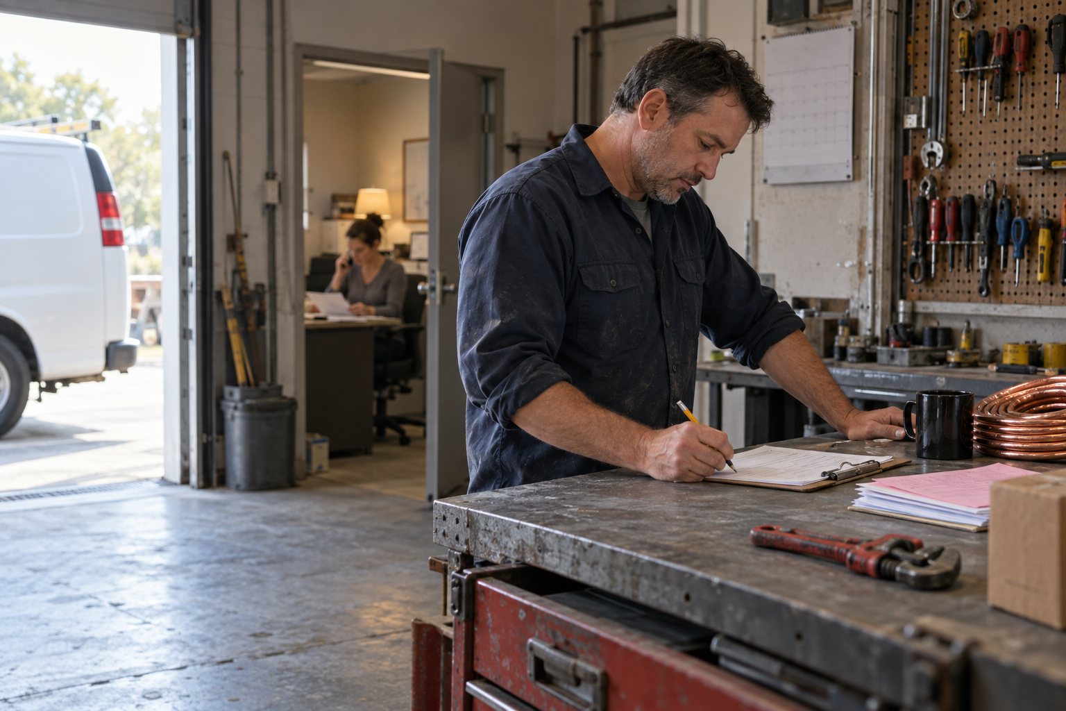 A service business owner at a workbench with a clipboard, with a colleague on the phone in the office behind. Illustrative business scene.