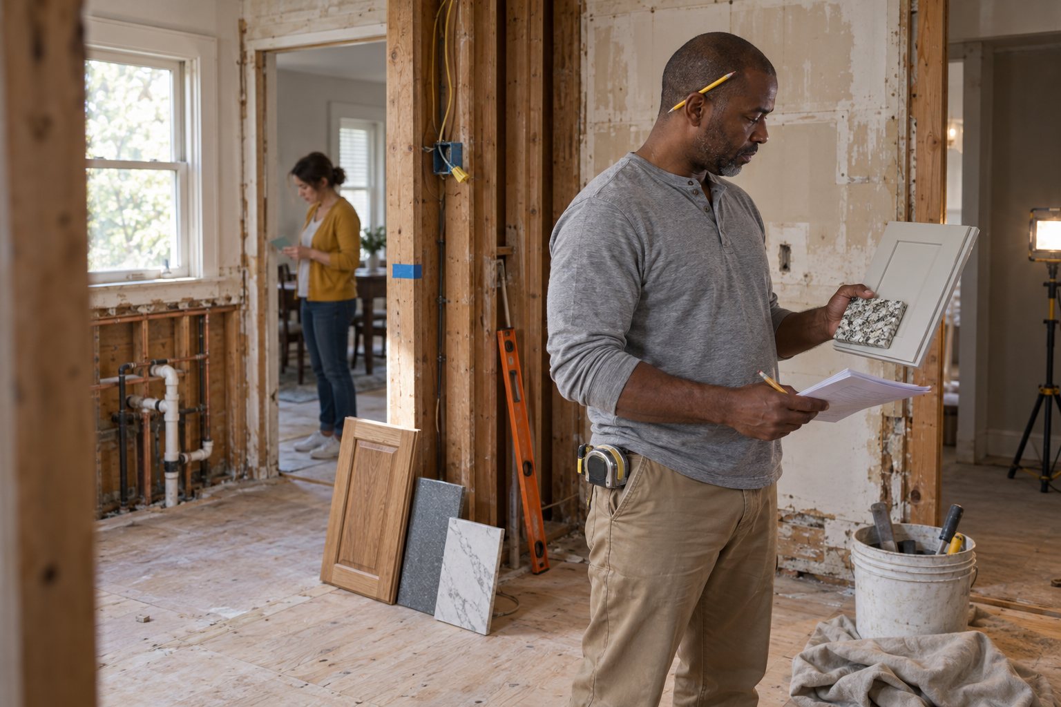 A contractor holding countertop and cabinet samples in a gutted kitchen. Illustrative business scene.