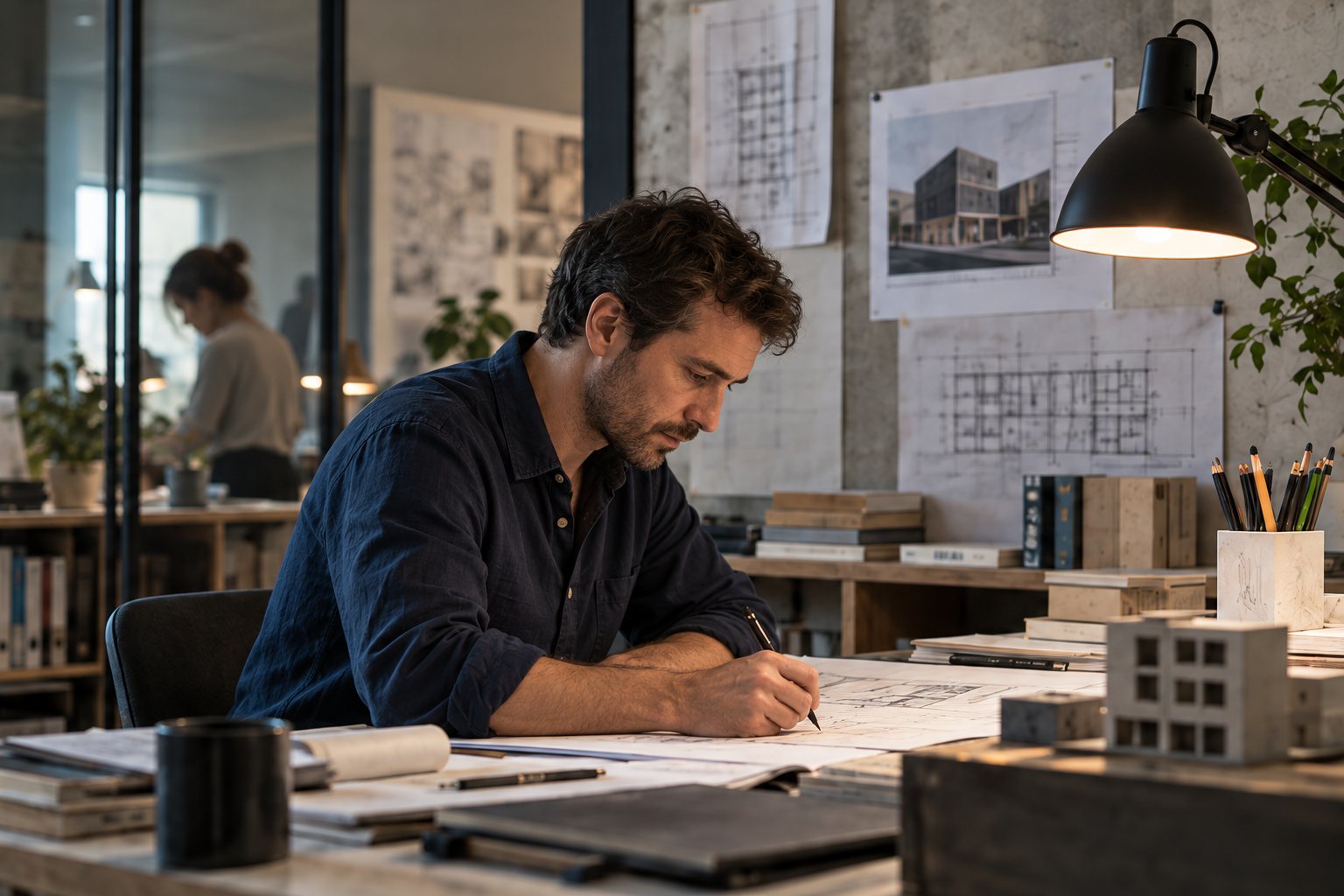 An architect marking up a drawing at a studio desk, with a colleague working in the background. Illustrative business scene.